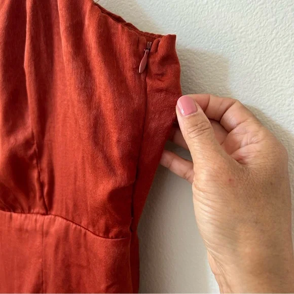 Lulu’s Maribel Midi Dress Satin Effect Open Back Size Large in Rust Orange NWT - Picture 9 of 13